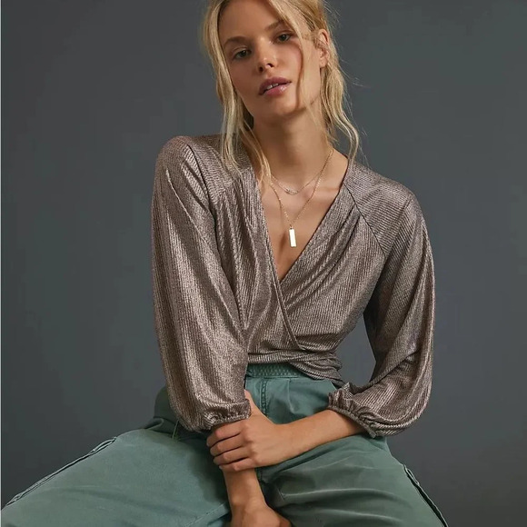 ANTHROPOLOGIE NWOT Luanne‎ Shimmer Surplice Top in Pink Rose - Picture 1 of 12